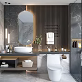 Modern Bathroom Interior Design With Marble Walls Round Mirror And Wooden Accents