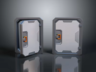 Two Industrial Metallic Doors With Gray Frames And Orange Latches On Reflective Surface 3d model