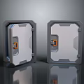 Two Industrial Metallic Doors With Gray Frames And Orange Latches On Reflective Surface