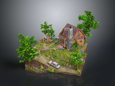 Miniature Scenic Model Featuring Small Wooden House Green Trees Car And Hillside Grass 3d model