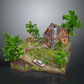 Miniature Scenic Model Featuring Small Wooden House Green Trees Car And Hillside Grass