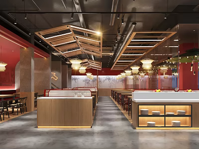Modern Restaurant Interior With Wooden Ceiling Red Walls Pendant Lights And Dining Areas 3d model