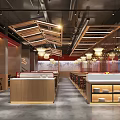Modern Restaurant Interior With Wooden Ceiling Red Walls Pendant Lights And Dining Areas