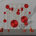 Chinese Decorative Display With Golden Frame Red Lanterns Paper Fans Candles And Marble Background