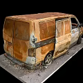 Rusted Damaged Van With Burnt Body And Broken Metal Parts