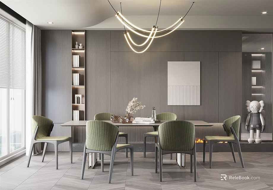 Modern Restaurant Interior With Gray Dining Table Green Chairs Pendant Lights Bookshelves And Gray Walls 3d model 