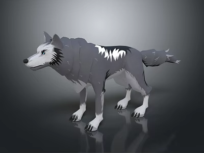 Realistic 3D Wolf Model With Gray Fur And White Markings Standing On Gray Background 3d model