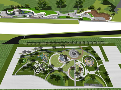 Park Landscape Design with Green Spaces Winding Paths Water Features and Circular Seating Areas 3d model