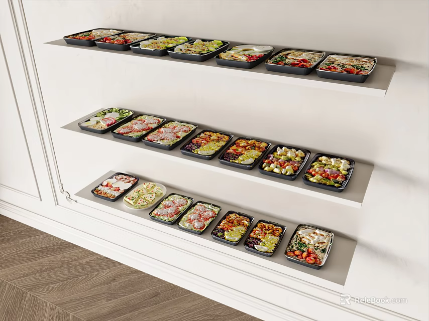 Assorted Meal Containers With Various Foods Displayed On White Shelves 3d model 