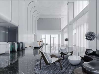 Modern Lobby Reception Area Interior With Stylish Desk Comfortable Seating Large Windows And Marble Floor 3d model