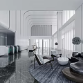 Modern Lobby Reception Area Interior With Stylish Desk Comfortable Seating Large Windows And Marble Floor 3d model