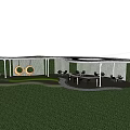 Modern Outdoor Pergola With Curved Design Trees Lawn Seating And Circular Decorations