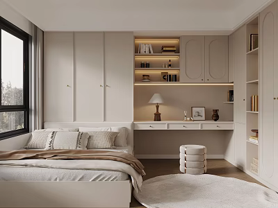 Minimalist Bedroom Interior With White Bed Built in Wardrobes Wooden Desk Window And Round Rug 3d model