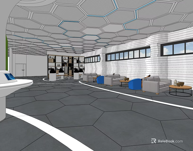 Front Desk Reception Modern Interior Design With Hexagonal Ceiling Long Windows Sofa And Coffee Tables 3d model
