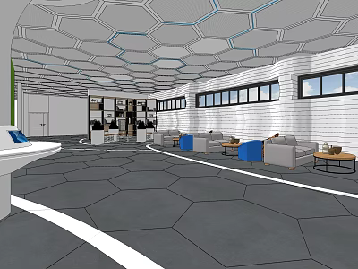 Front Desk Reception Modern Interior Design With Hexagonal Ceiling Long Windows Sofa And Coffee Tables 3d model