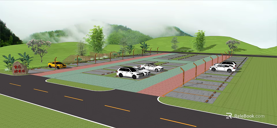 Eco friendly Parking Lot with Green Landscaping Trees and Sustainable Design 3d model 