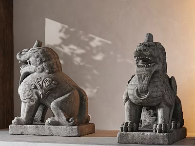 Traditional Chinese Stone Lion Sculptures With Intricate Carving Details And Classical Design 3d model