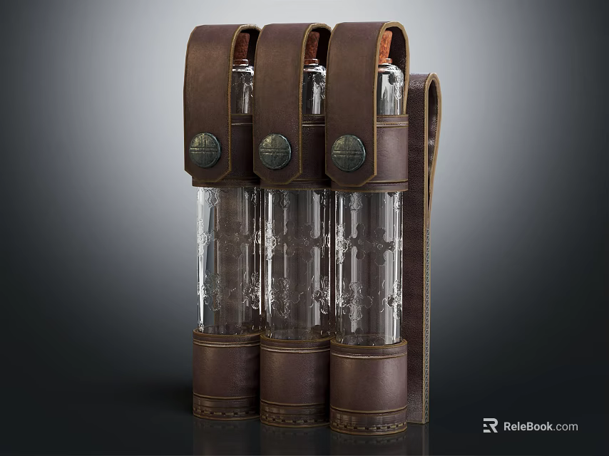 Brown Leather Wrapped Storage Container Set With Three Glass Bottles And Metal Clasps 3d model 