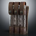Brown Leather Wrapped Storage Container Set With Three Glass Bottles And Metal Clasps