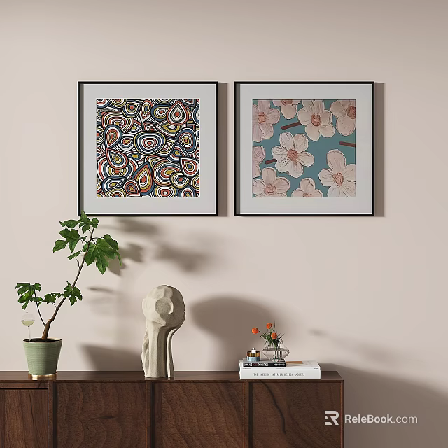 Colorful Abstract Painting with Swirl Patterns Framed on Wall and Decorative Shelf Items 3d model 