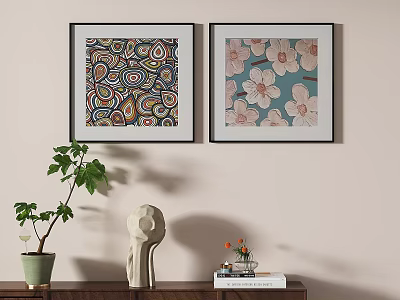 Colorful Abstract Painting with Swirl Patterns Framed on Wall and Decorative Shelf Items 3d model