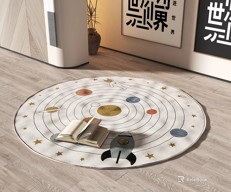 Round Solar System Rug With Stars Rocket And Book In Interior 3d model 