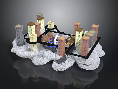Colorful Model Buildings With Central Fountain And White Cloud Decorations Connected By Black Roads 3d model