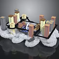 Colorful Model Buildings With Central Fountain And White Cloud Decorations Connected By Black Roads