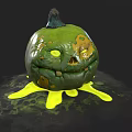 Green Pumpkin Vegetable With Carved Smiley Face Yellow Liquid And Mottled Surface