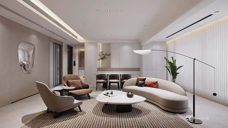 Modern Living Dining Room Interior With Curved Sofa Coffee Table Dining Chairs Floor Lamp Rug 3d model 