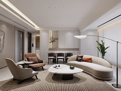 Modern Living Dining Room Interior With Curved Sofa Coffee Table Dining Chairs Floor Lamp Rug 3d model