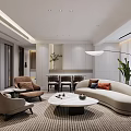 Modern Living Dining Room Interior With Curved Sofa Coffee Table Dining Chairs Floor Lamp Rug