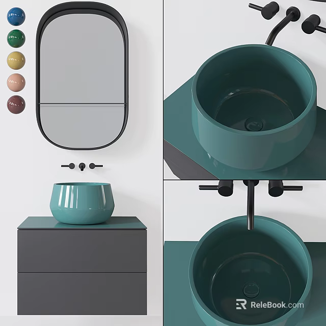 Modern Teal Vessel Wash Basin With Round Mirror Cabinet And Black Faucet Design 3d model 