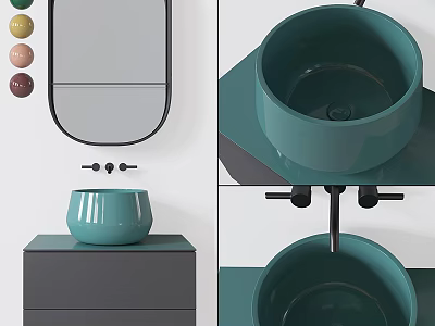 Modern Teal Vessel Wash Basin With Round Mirror Cabinet And Black Faucet Design 3d model