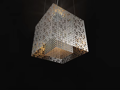 Modern Cube Shaped Chandelier With Perforated Metal Design And Illuminated Interior For Home Decor 3d model