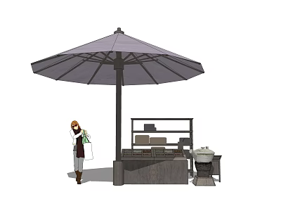 Outdoor Market Stall With Umbrella Person Holding Shopping Bag And Goods On Shelves 3d model