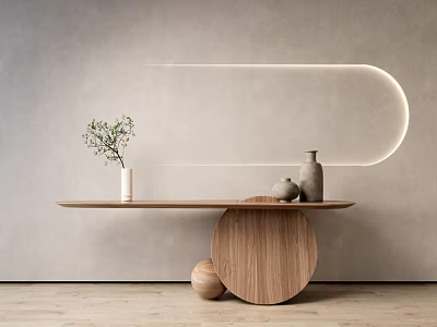 Wooden Console Table Sideboard Featuring Curved LED Light Green Plant Vase And Round Wooden Ball 3d model