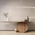 Wooden Console Table Sideboard Featuring Curved LED Light Green Plant Vase And Round Wooden Ball