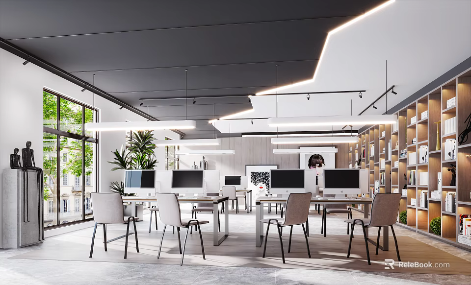 Modern Public Office Space Interior Design With Desks Computers Chairs Plants And Bookshelves 3d model 