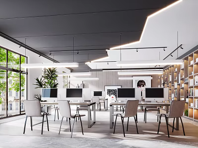 Modern Public Office Space Interior Design With Desks Computers Chairs Plants And Bookshelves 3d model