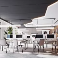 Modern Public Office Space Interior Design With Desks Computers Chairs Plants And Bookshelves