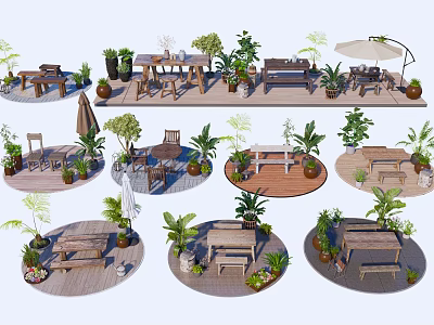 Outdoor Garden Table Chair Sets With Wooden Deck And Potted Plants For Relaxing Outdoor Spaces 3d model