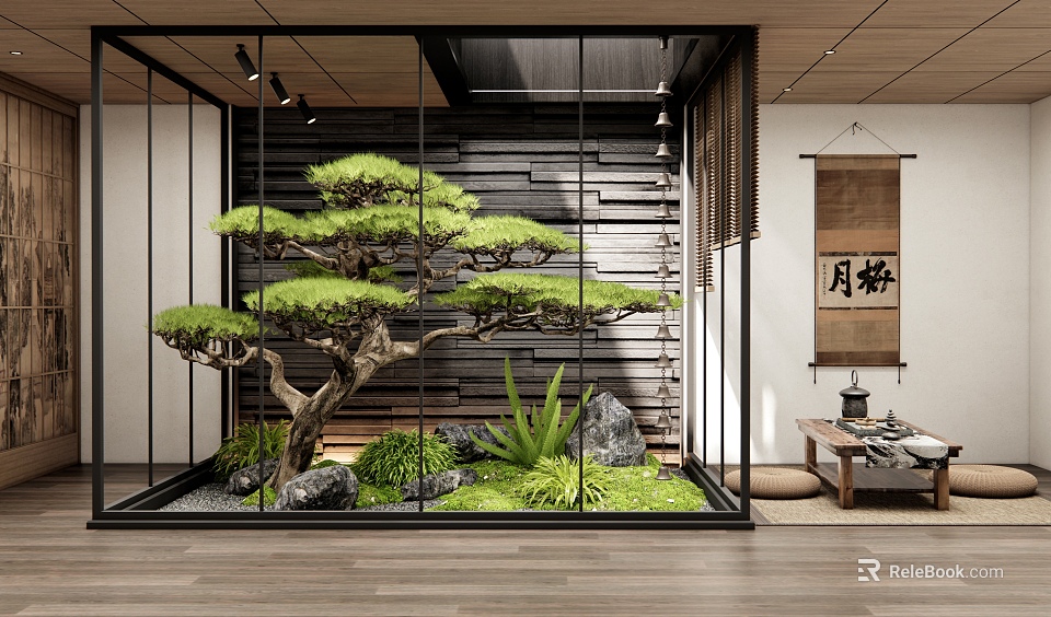 Indoor Landscape With Glass Enclosure Pine Tree Moss Stones And Wooden Wall 3d model 
