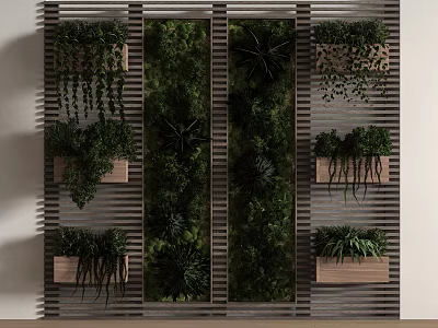 Indoor Green Plant Wall with Wooden Planters Hanging Plants and Vertical Garden Design 3d model