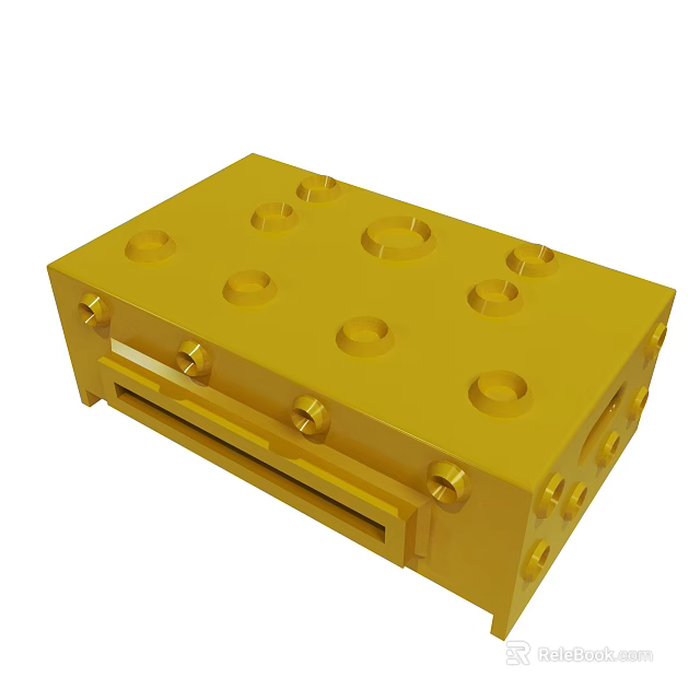 Yellow Metal Mechanical Part with Multiple Holes and Bolt Fixings 3d model 