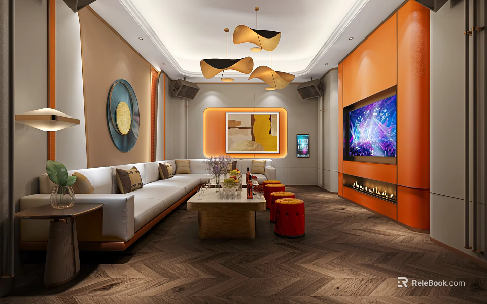 Modern KTV Lounge Interior With Comfortable Sofa Large TV Screen And Decorative Lighting 3d model 