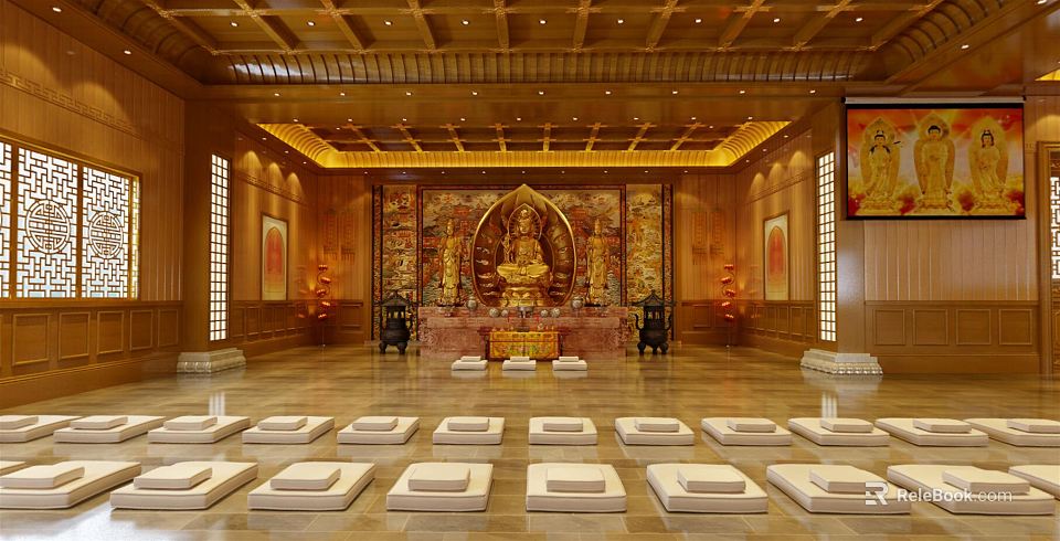 Sacred Buddhist Worship Hall Interior With Golden Buddha Statue And Prayer Cushions 3d model 