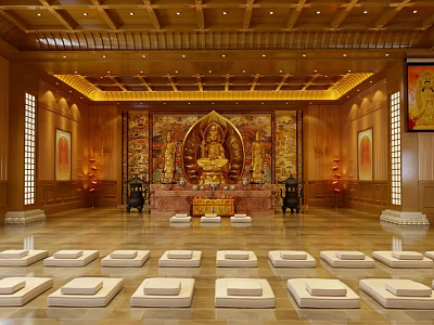 Sacred Buddhist Worship Hall Interior With Golden Buddha Statue And Prayer Cushions 3d model