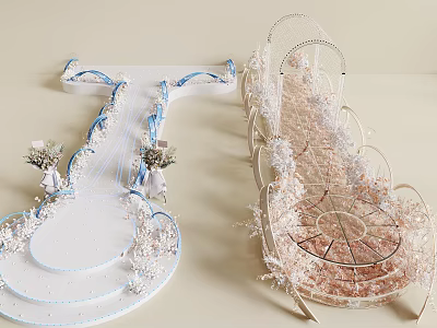 Wedding Stage Design With White Blue Pink Floral Decor Mesh Structure And Pathway 3d model