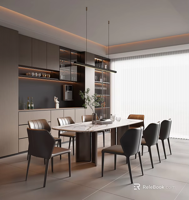 Modern Dining and Living Room Interior With Marble Table Pendant Light Chairs Plants and Cabinets 3d model 